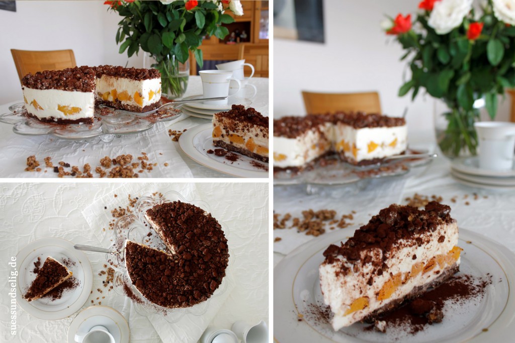 Schmandtorte mit Cornflakes-Schoko-Boden und Aprikosen