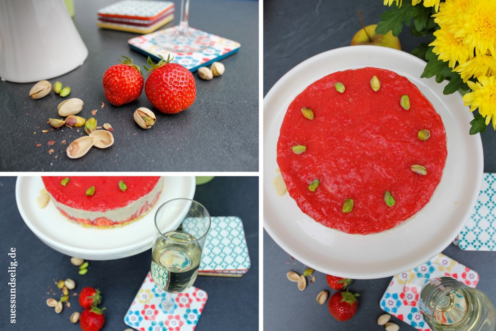 Erdbeertorte mit Mandelboden und Soja-Apfel-Pistazie-Creme mit Erdbeer-Sekt-Topping
